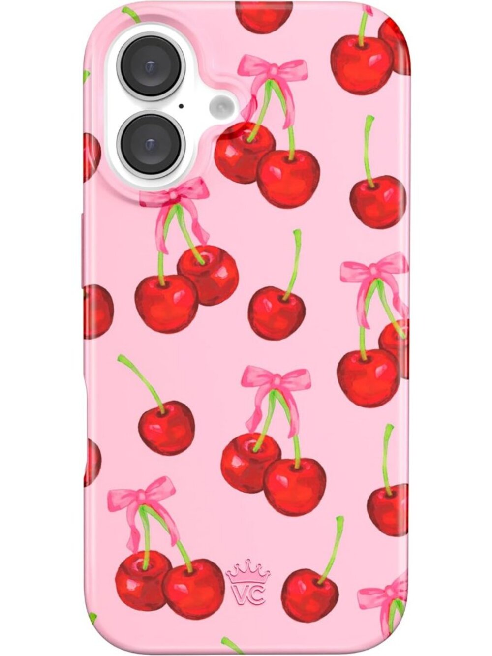 Pink Velvet iPhone 16 Case with Red Cherries - MagSafe Compatible, 10ft Drop